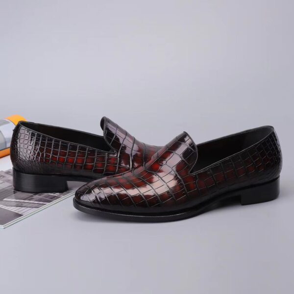 Men's Slip On Loafer Shoes, Genuine Crocodile Leather Casual Dress Shoes Vintage Wine Red - Image 4