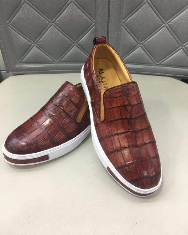 Mens Crocodile Leather Brown Driving Shoes  Slip on Flats Walking Shoes - Image 2