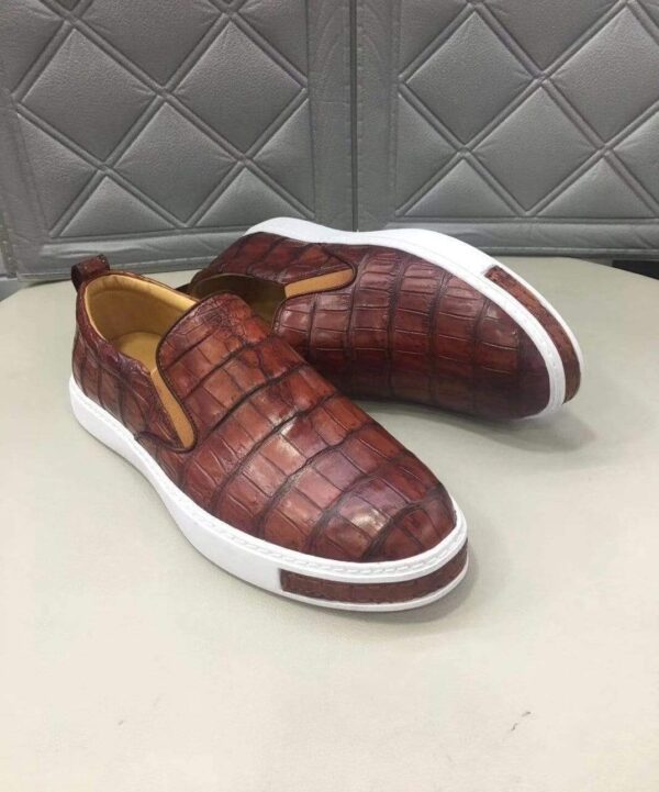 Mens Crocodile Leather Brown Driving Shoes  Slip on Flats Walking Shoes - Image 3