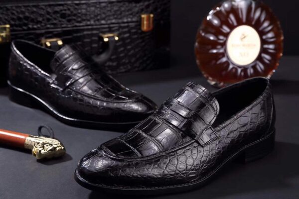 Mens Crocodile Leather Penny Loafer Shoes Black - Image 3