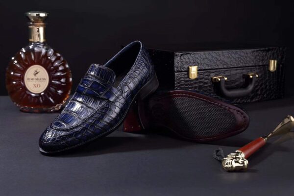 Mens Crocodile Leather Penny Loafer Shoes Vintage Blue - Image 5