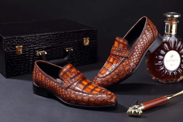 Mens Crocodile Leather Penny Loafer Shoes Vintage Brown - Image 4