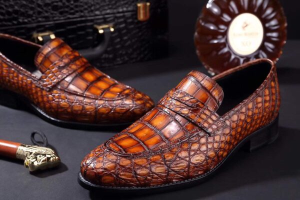 Mens Crocodile Leather Penny Loafer Shoes Vintage Brown - Image 3