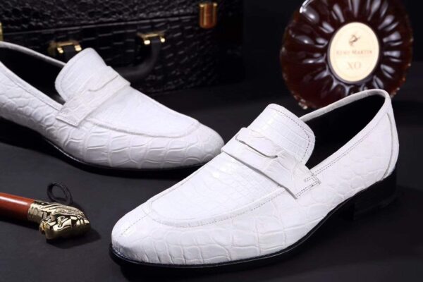 Mens Crocodile Leather Penny Loafer Shoes White - Image 4