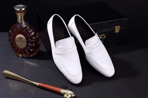 Mens Crocodile Leather Penny Loafer Shoes White - Image 2