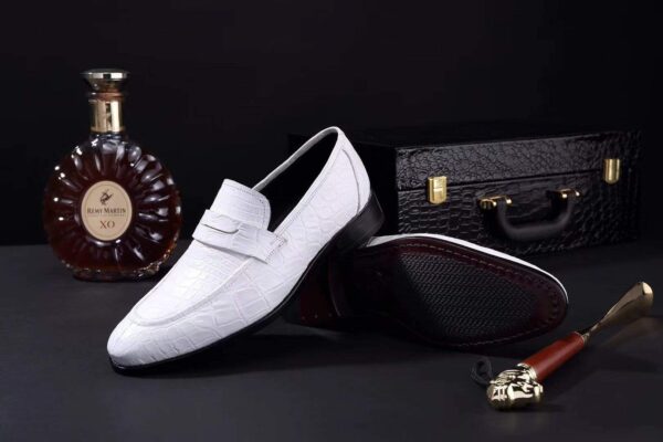 Mens Crocodile Leather Penny Loafer Shoes White - Image 3