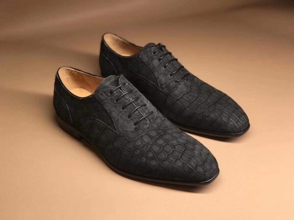 Mens Sanded Crocodile Leather Derby Shoes, Grey - Image 4