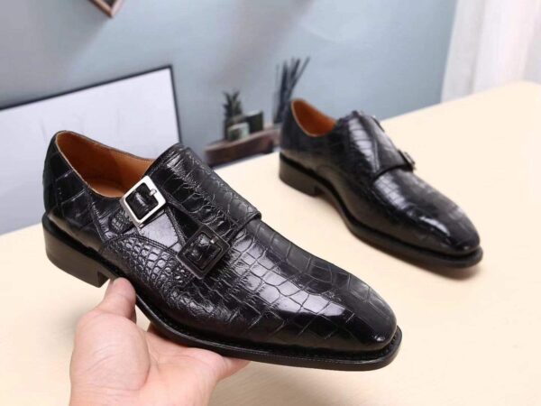 Mens Shoes Black Crocodile  Leather Monk Double Strap Dress Shoes,Goodyear Sole - Image 3