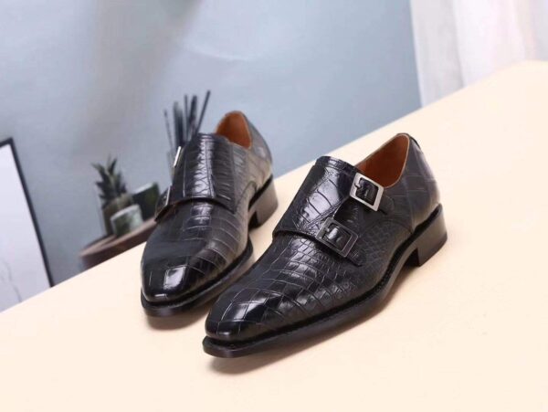 Mens Shoes Black Crocodile  Leather Monk Double Strap Dress Shoes,Goodyear Sole - Image 4