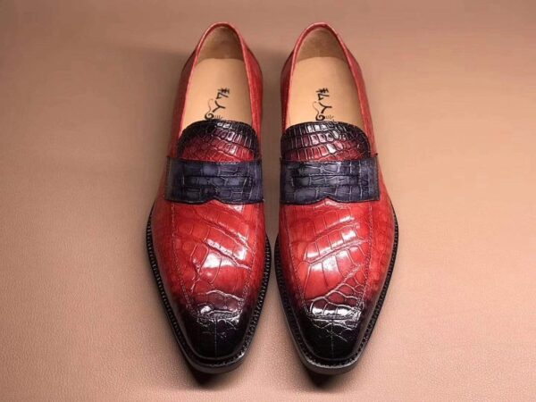 Red Men's Crocodile Leather Loafers,Slip-Ons Diving Shoes, Penny Loafers Shoes - Image 3