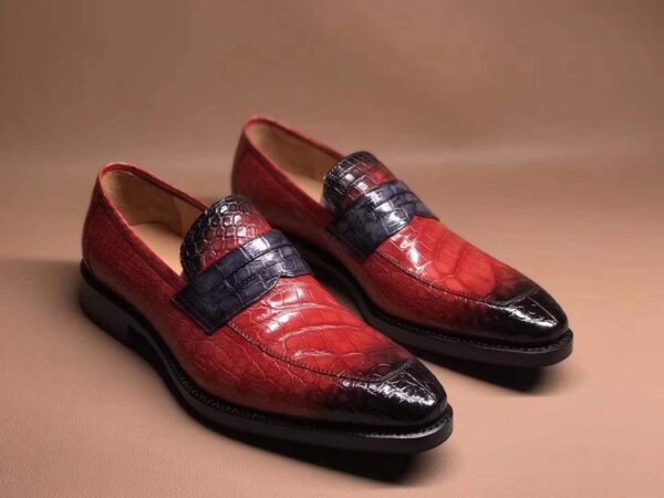 Red Men's Crocodile Leather Loafers,Slip-Ons Diving Shoes, Penny Loafers Shoes - Image 2