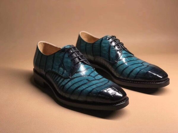 Turquoise Green Crocodile Leather Lace Up Shoes - Image 3