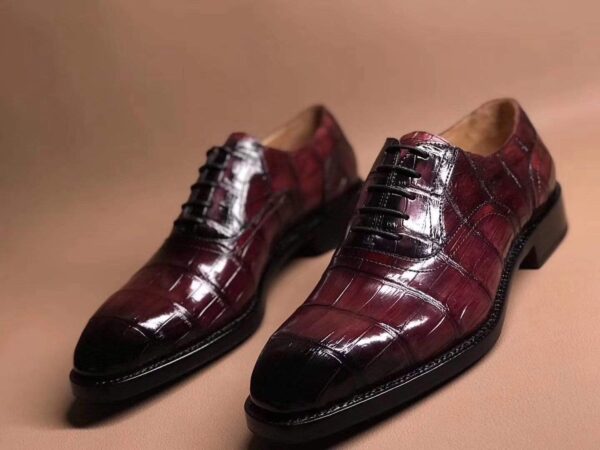 Wine Red Crocodile Leather Lace Up Shoes - Image 5