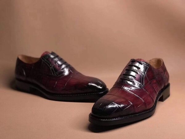 Wine Red Crocodile Leather Lace Up Shoes - Image 3