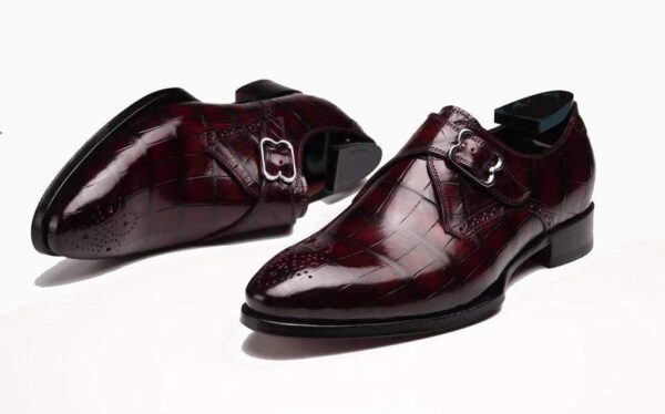 Wine Red Crocodile Leather Monk Strap Shoes - Image 3