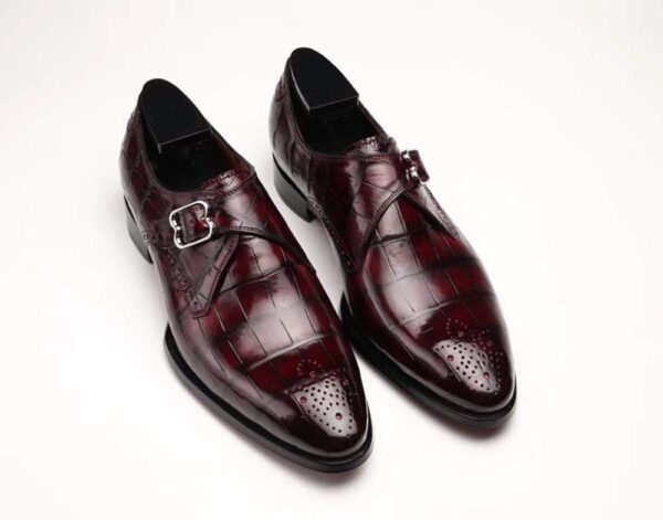 Wine Red Crocodile Leather Monk Strap Shoes - Image 4