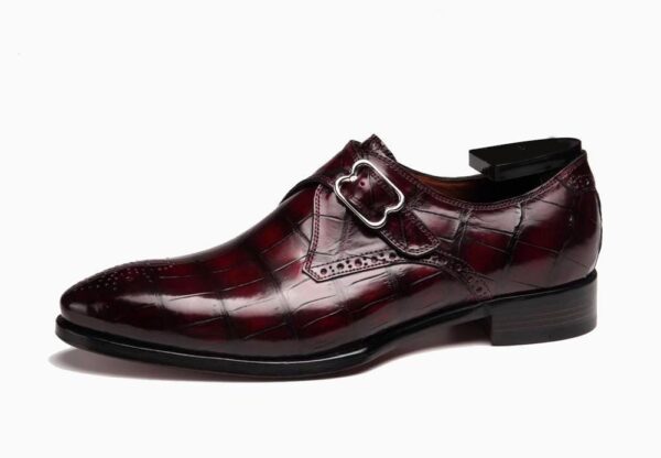 Wine Red Crocodile Leather Monk Strap Shoes - Image 2