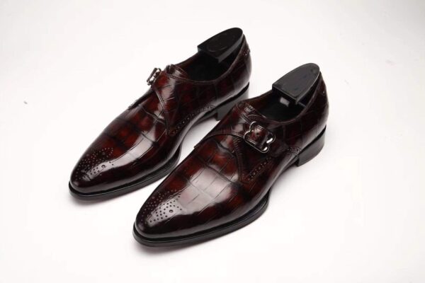 Wine Red Crocodile Leather Monk Strap Shoes - Image 5