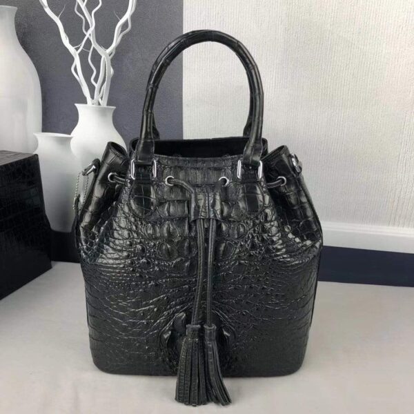 Women Crocodile Leather Drawstring Shoulder Handle Bag - Image 2