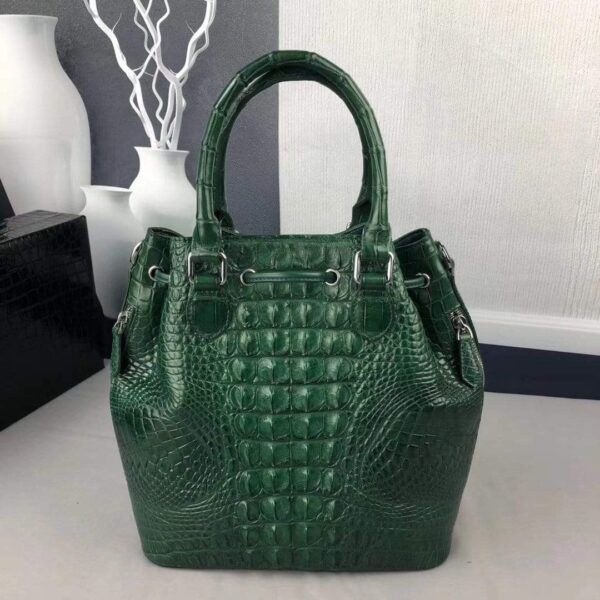 Women Crocodile Leather Drawstring Shoulder Handle Bag - Image 5