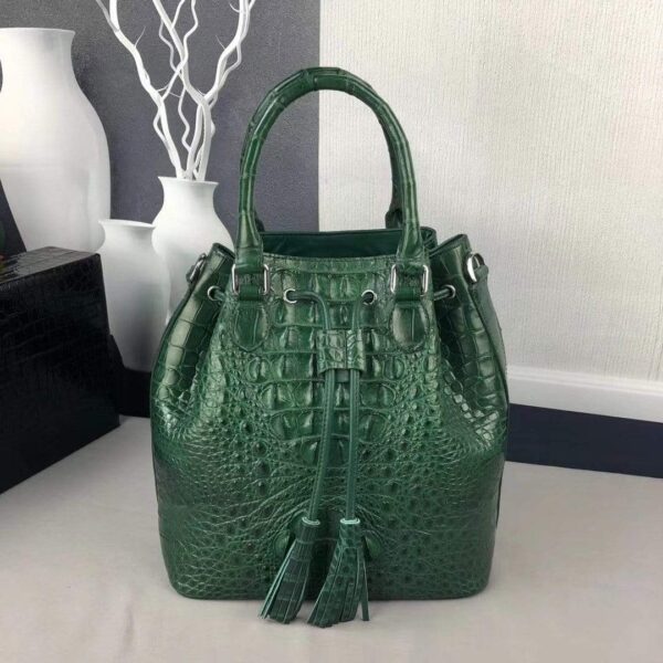 Women Crocodile Leather Drawstring Shoulder Handle Bag - Image 4