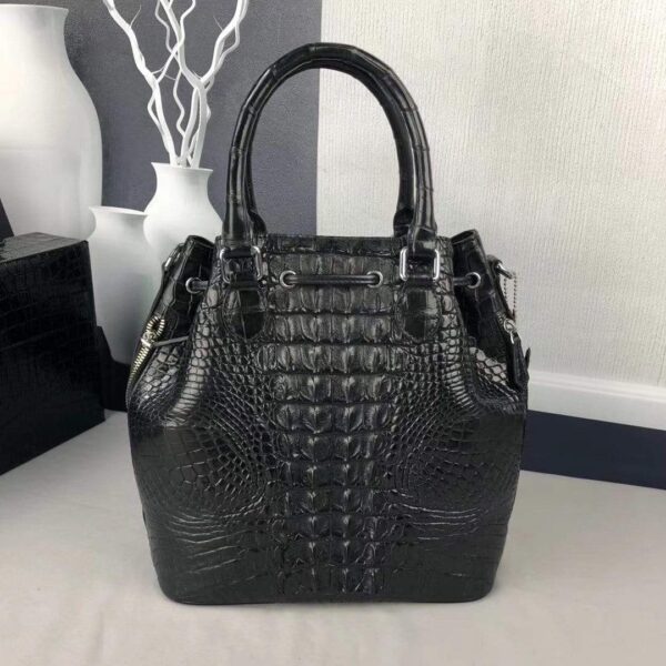 Women Crocodile Leather Drawstring Shoulder Handle Bag - Image 3