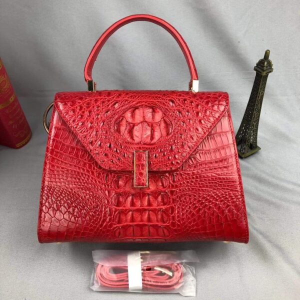 Women Crocodile Leather Top Handle Bags Red - Image 4