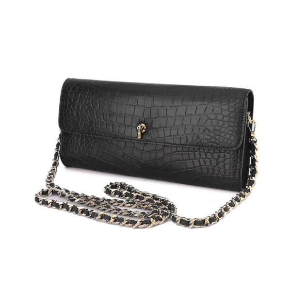 Women's Crocodile Leather  Pouches Chain Pouchette Clutch Bags  Black - Image 3