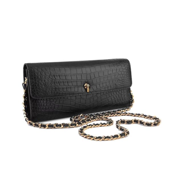 Women's Crocodile Leather  Pouches Chain Pouchette Clutch Bags  Black - Image 4