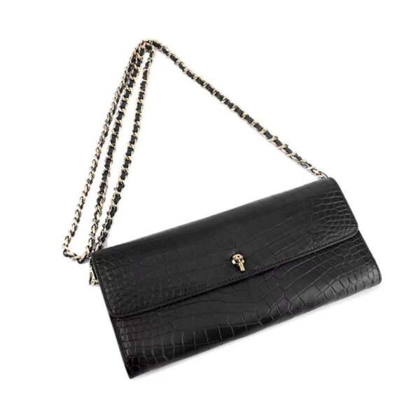 Women's Crocodile Leather  Pouches Chain Pouchette Clutch Bags  Black - Image 6