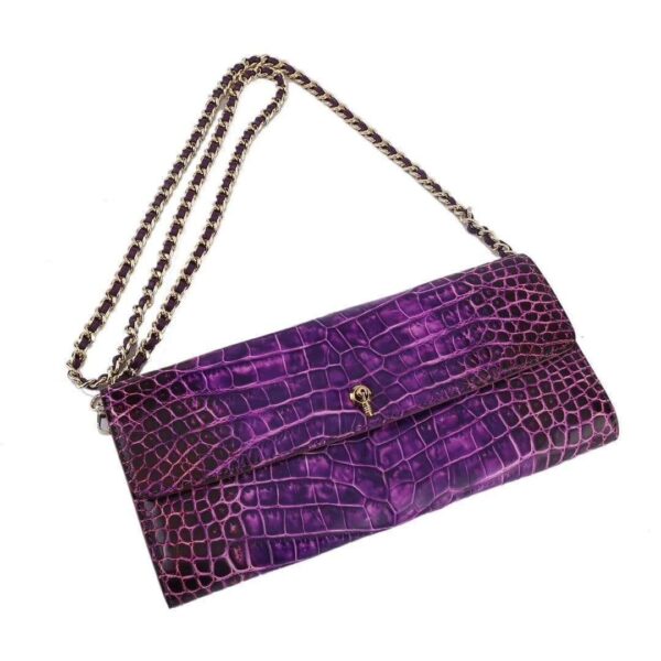 Women's Crocodile Leather  Pouches Chain Pouchette Clutch Bags  Purple - Image 3