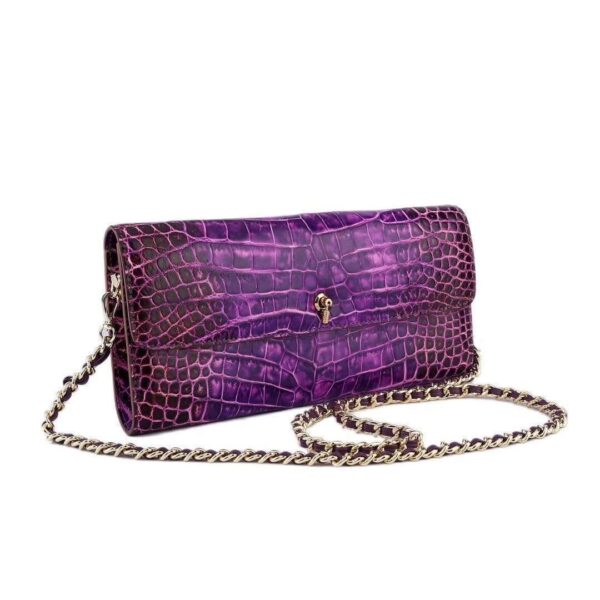 Women's Crocodile Leather  Pouches Chain Pouchette Clutch Bags  Purple - Image 2