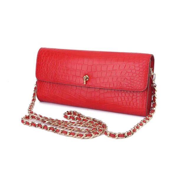 Women's Crocodile Leather  Pouches Chain Pouchette Clutch Bags Red - Image 4