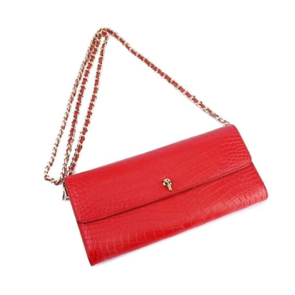 Women's Crocodile Leather  Pouches Chain Pouchette Clutch Bags Red - Image 6