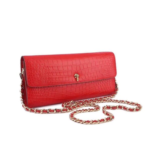 Women's Crocodile Leather  Pouches Chain Pouchette Clutch Bags Red - Image 3