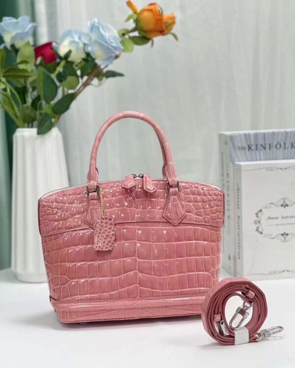 Women Shiny Crocodile Leather Top Handle Satchel Bag Rose Sakuras - Image 4