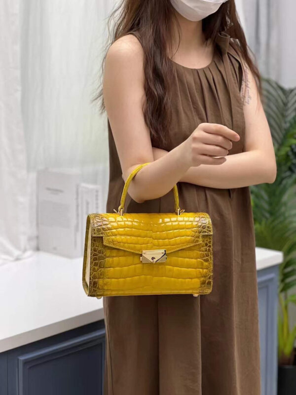 Women Shiny Himalaya Yellow Beaded Crocodile Leather Top Handle Satchel Bag - Image 8