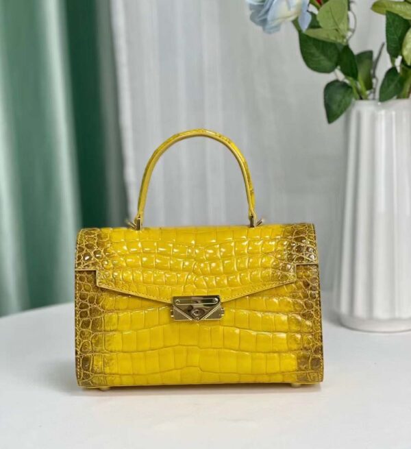 Women Shiny Himalaya Yellow Beaded Crocodile Leather Top Handle Satchel Bag - Image 2