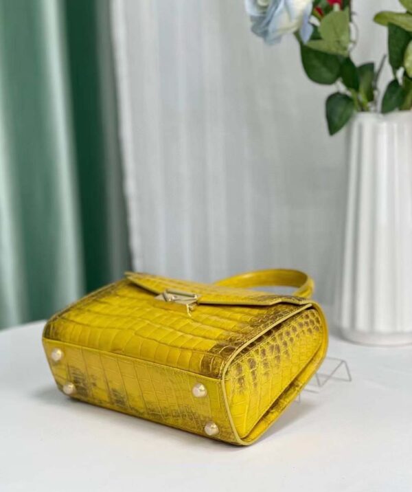 Women Shiny Himalaya Yellow Beaded Crocodile Leather Top Handle Satchel Bag - Image 6