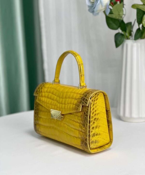 Women Shiny Himalaya Yellow Beaded Crocodile Leather Top Handle Satchel Bag - Image 4