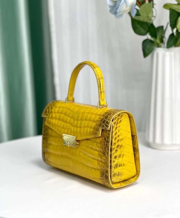 Women Shiny Himalaya Yellow Beaded Crocodile Leather Top Handle Satchel Bag - Image 5